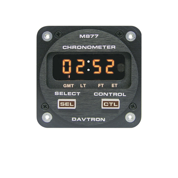 CHRONOMETER/LED Digital clock with 28V illuminating buttons. Displays Universal time, Local time, Flight time, and Elapsed time. 2 1/4 internal mount. 2-button control, Sunlight readable, Automatic dimming.